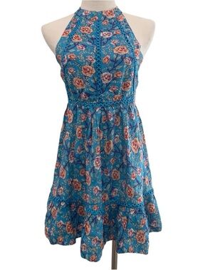 Boutique Boho Summer Sunday Mi Amor Blue Floral Open Back Dress XS Cottagecore